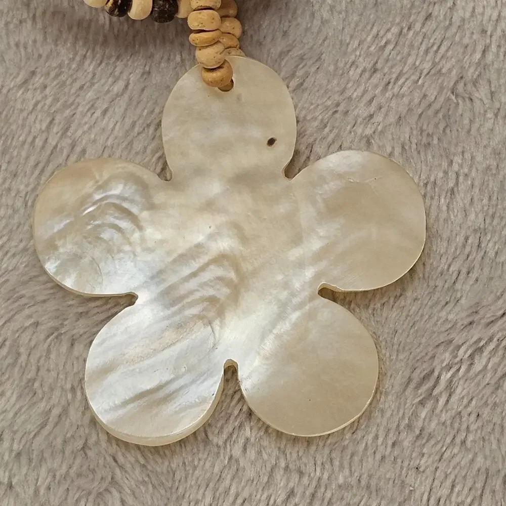 Vintage Multi-Strand Wood Bead Necklace Mother of Pearl MOP Flower Pendant Boho
